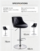 Tabouret de bar contemporain en cuir PU noir avec structure métallique, matelassé losanges, réglable et pivotant, pour comptoir de bar d'hôtel - Vente en gros ODM