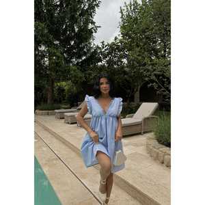 Robe mini bleue à bretelles coupe trapèze avec décoration drapée, col carré élégant, pour le bureau ou les soirées, disponible en taille XS, robe de bureau pour femme ODM - Product Image 5