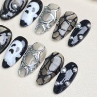 Faux ongles Halloween à presser, noirs, style gothique, crâne chromé 3D, en métal, faits à la main, réutilisables, personnalisables, vente en gros