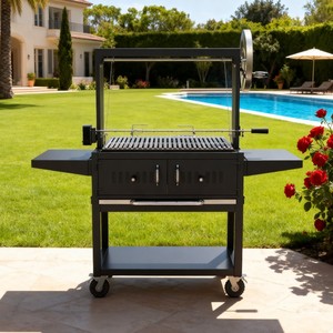 Parrilla Argentina Santa María Moderna de Carbón con Carro, Acero Inoxidable, Asador Motorizado, Sistema de Elevación Móvil para BBQ en Jardín - Product Image 1