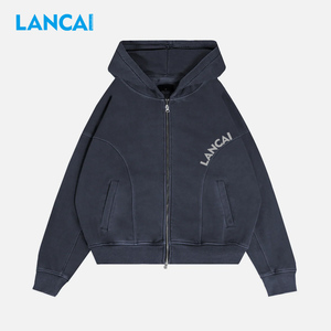 Sudadera con capucha Lancai para hombre, de alta calidad, OEM/ODM, gris liso, con estampado de letras personalizado, con cremallera, lavado ácido, estilo urbano, extragrande - Product Image 1