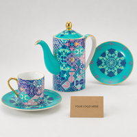 Service à thé en porcelaine, motif mosaïque, théière, tasse, soucoupe, bord doré, coffret cadeau, vente en gros, fournisseur OEM ODM pour hôtels et thés de l'après-midi