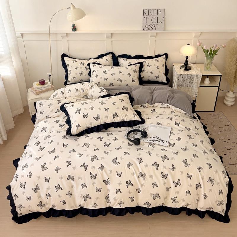 Simple Design Bedding Simple French Style High Quality 300tc Washed Cotton Black Ruffled Edge ...