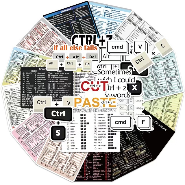 30pcs Computer Shortcut Keys Excel Word PVC Graffiti Sticker Packs for Laptop Notebook Water Bottle Cup Luggage Office Supplies