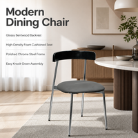 Chaise de salle à manger industrielle moderne en bois noir avec dossier rembourré, structure en métal chromé, emballage plat KD, vente en gros pour restaurants et parcs