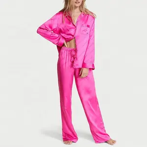 Großhandel direkt ab werk damen rosa satin pyjamas damen heim lounge kleidung nachtwäsche damen bedruckt