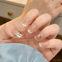 Lot de 24 faux ongles à presser personnalisés, courts, carrés, avec pointe française et accents dorés, réutilisables, pour salon de beauté - Vente en gros sous marque privée