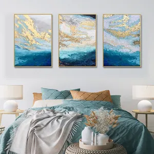 现代手绘抽象金色和蓝色帆布壁画3件客厅大壁画