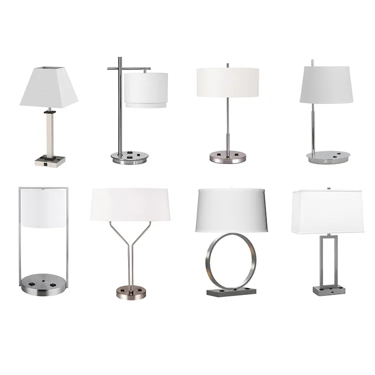 Modern Brushed Nickel Bedside Lights Fabric Lampshade Bedroom Hotel Table Lamp with USB Port and Outlets