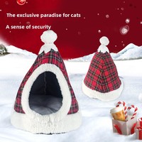 Nouvelle Maison pour Animaux de Compagnie Semi-fermée, Chaude et Résistante à l'Usure, Multi-fonctions, pour Toutes Saisons, avec Chapeau de Noël, Idéale pour l'Hiver et les Fêtes de Noël - Nid pour Chat