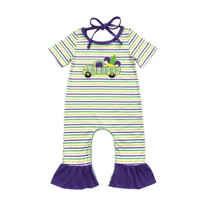 2024 RTS Embroidery Mardi Gras Tractor Red Purple Yellow Striped Short Sleeve Girls Romper Baby Clothes High Quality Boutique
