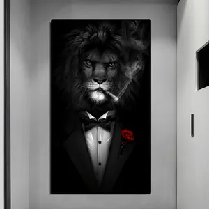Classique noir Lion sauvage dans un costume toile peinture mur Art Animal Gentleman Lion affiches impressions sur toile photo décor à la maison