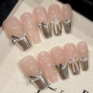 <span class=keywords><strong>Uñas</strong></span> <span class=keywords><strong>Postizas</strong></span> Hechas a Mano de Alta Calidad, Forma de Ataúd Larga, Color Rojo, Flores Pequeñas Pintadas a Mano, Reutilizables, Venta al Por Mayor de Fábrica - Product Image 3