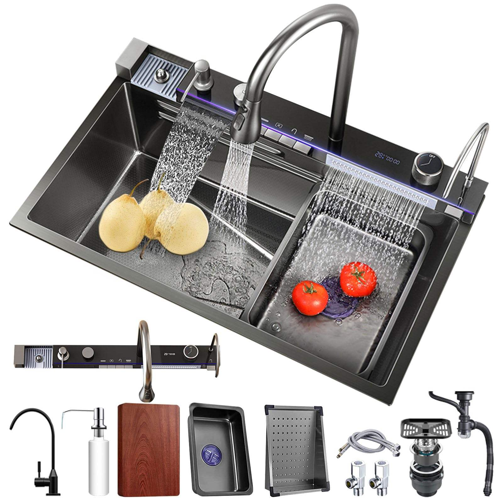 Factory Direct Nano Black Honeycomb Embossed Stainless Steel Smart Kitchen Sink with LED Digital Display Faucet · image 2