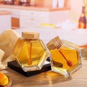 Clear storage honey jar frascos de vidrio para miel dipper empty container glass honey jar hexagon honey shaped jars with lid