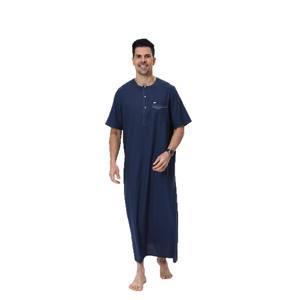 ثوب أزرق داكن بأكمام قصيرة مع جيب ملابس إسلامية للرجال روب أنيق متواضع طويل - Product Image 5