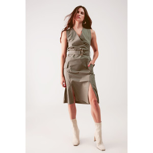 Robe portefeuille avec détail ceinture à nouer en kaki - Product Image 3