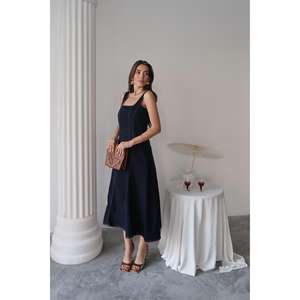 Vestido Gabardina Azul Marino Corte A con Cuello Cuadrado y Cintura Natural, Vestido Cómodo para el Trabajo, Tejido de Tela - Product Image 4