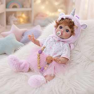 Poupée Reborn de 18 pouces en vinyle intégral, costume <span class=keywords><strong>licorne</strong></span>, tutu rose, haut fleuri, cheveux bouclés, poupée nouveau-né pour jeu d'imitation - Product Image 2
