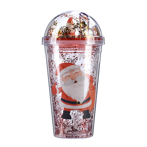 Zhen Ai Christmas Water Bottle Double Layer Plastic Straw Cup Reusable Glitter Design Gift Cup For Holiday Presents - Product Image 5