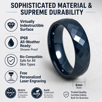 Bague en céramique bleu marine Supreme 6 mm, IP68, résistante aux intempéries, texture facettée, bijou moderne indestructible pour les affaires
