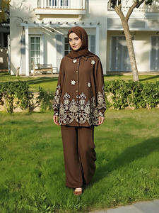 Wholesale Luxury <b>2</b> <b>Piece</b> Set Blouse Shirt Long Pant Women Muslim <b>Dress</b> Dubai Modest Embroidered Abaya Islamic Clothing Cord Set - Product Image 6