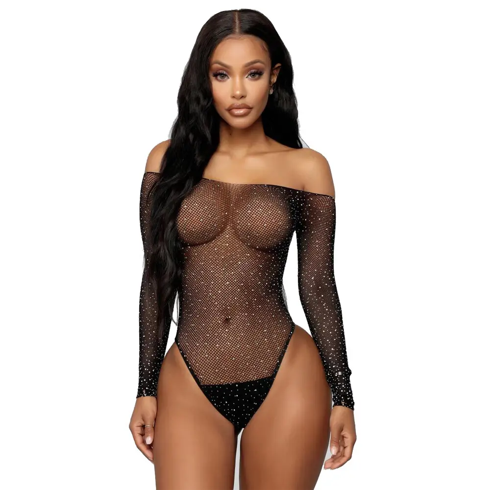 Kadınlar seksi Fishnet yapay elmas iç çamaşırı kristal uzun kollu elbise vücut çorabı Bodystocking