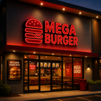 Insegna a Lettere Scatolate MEGA BURGER, Acrilico Rosso Luminoso, Fondo Nero, Icona Burger per Ristoranti Fast Food e Decorazione Vetrine