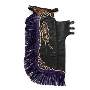 Chaps de Rodeo en Cuir Noir Violet, Broderie Florale Faite Main, Bordure Dorée, Taille Haute, Franges Longues, Cuir Naturel, Unisexe, pour l'Équitation - Product Image 1