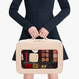 Mulheres profissionais Maquiagem Bolsa Viagem Impermeável PVC Transparente Cosmetic Case Bag Pink Leather Luxury Toiletry Pouch