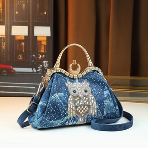 Borsa da Sera in Denim con Design Gufo Stampato a Caldo, Borsa a Tracolla in Poliestere alla Moda con Cinghia Singola e Clip, Completamente Decorata con Diamanti, da Donna per Halloween - Product Image 2