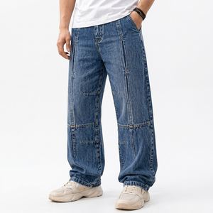 Jean bleu pour homme, coupe ample et confortable, jambe large, style utilitaire en denim délavé, 100 % coton, pour l'automne, longueur complète - Product Image 1