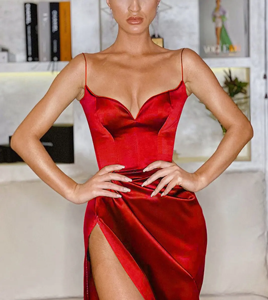 Summer Sleeveless V Neck Party Ladies Sexy Dresses Draped Dresses Woman High Slits Gown Elegant Evening Red Cocktail Dress
