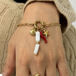 J & D Acero inoxidable impermeable 18K chapado en oro leopardo cuero malla cadena larga perla corazón delicado pulsera - Product Image 1