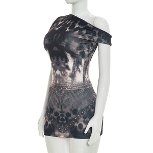 Viviblook J26ST212 Ensemble d'été pour femmes, nouveau haut sans manches à épaules dénudées, mini-jupe moulante, imprimé léopard, ensemble deux pièces - Product Image 6
