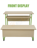 Ensemble moderne de bureau double et banc en bois avec pieds verts pour les cantines scolaires, les gymnases et les hôpitaux