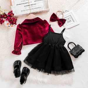 Set Due Pezzi per <span class=keywords><strong>Bambina</strong></span> con Giacca in Velluto Rosso Vino e Gonna con Fiocco in Tulle, Primavera e Autunno, con Accessori per Capelli - Product Image 2