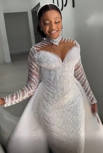 <span class=keywords><strong>Robe</strong></span> de mariée personnalisée, nouveau style, de luxe, africaine, grande taille, en dentelle, à manches longues, avec sequins et traîne <span class=keywords><strong>longue</strong></span> détachable - Product Image 5