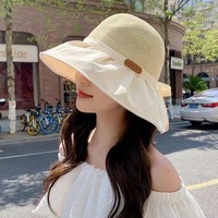 Sombrero de Paja de Ala Ancha para Mujer, Nuevo Modelo de Verano, Versátil, Portátil, con Lazo, Ideal para la Playa y Viajes, Venta al Por Mayor