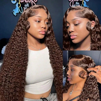 Perruques de cheveux humains bouclés longs de 32-34 pouces, couleur brun chocolat, ondulations profondes, densité 200%-250%, perruques frontales en dentelle HD transparente 13x4