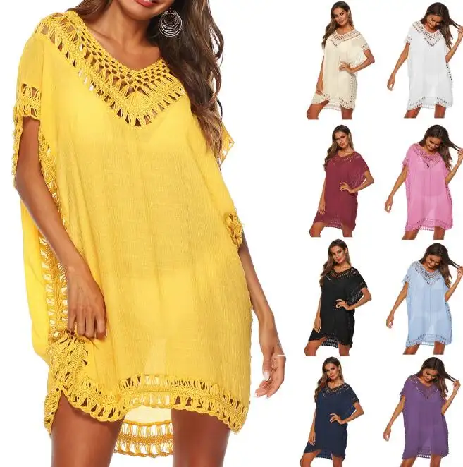 W0492 alta calidad caliente verano cuello en V Bikini cubrir suelto niñas Bikinis traje de baño Crochet Smock Casual mujeres vestido de baño cubierta