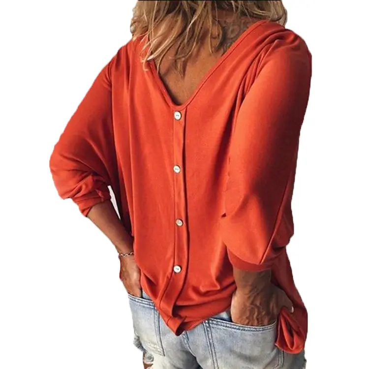 Fashion woman blouses Women Clothing V Collar Bat 3/4 Sleeve Back Button T-shirt Women Top Plus Size S-5XL