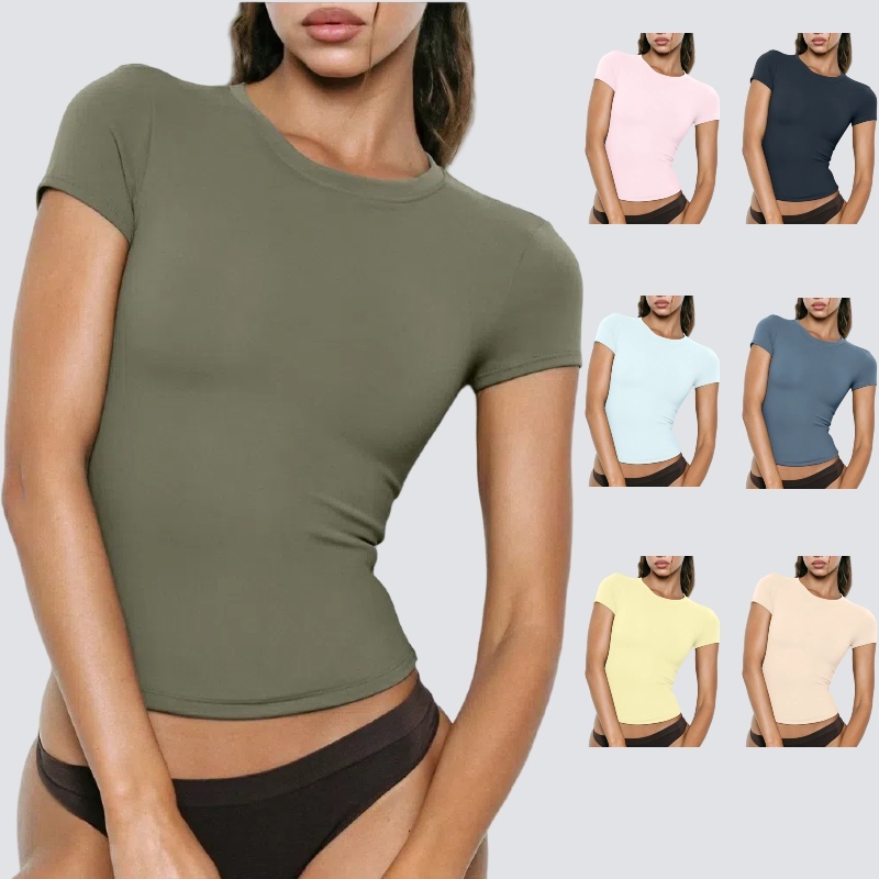 Lady Short-sleeved Round Neck T-shirt Tight and Casual Quick Drying Yoga Shirts Fitness Sports Running Top for Gym Women