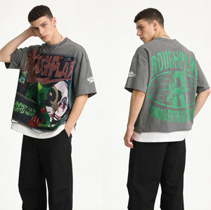 เสื้อยืดพิมพ์ลายกราฟิกโลโก้แบบกำหนดเอง เสื้อยืดฮิปฮอปผู้ชาย พิมพ์ซิลค์สกรีน วินเทจ ลุคย้อนยุค ฟอกสี เอฟเฟกต์ทำเก่า ทรงโอเวอร์ไซส์ - Product Image 1