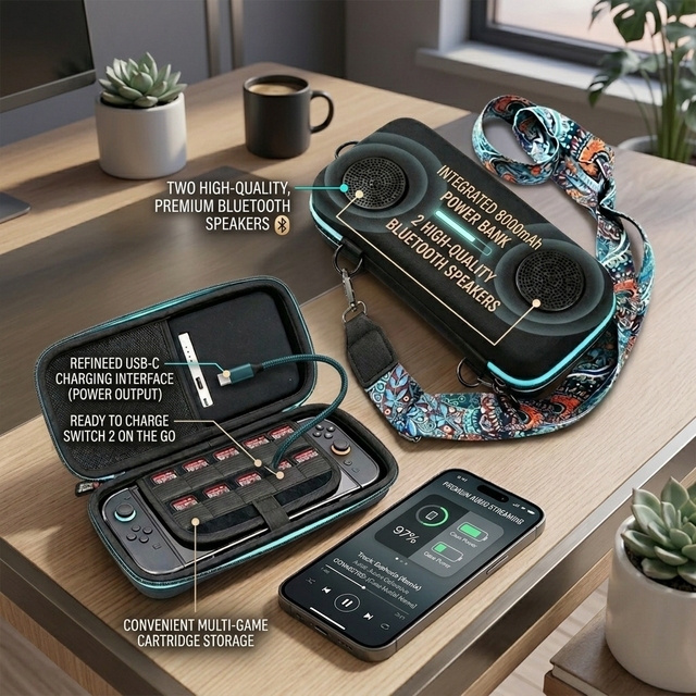 3-in-1 Carrying Case for Nintendo Switch 2, 8000mAh Power Bank & Dual Speakers, Portable Charging Storage Bag for Switch 2