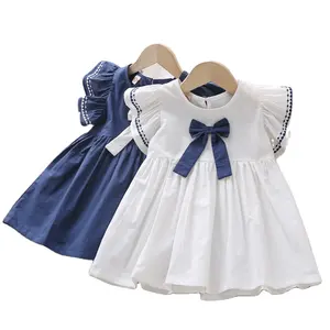 2120Y021夏季新款到货飞袖纯白色海军蓝婴儿女童连衣裙蹒跚学步儿童荷花套装