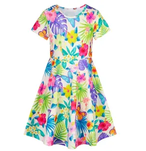 Newest Girls Colorful Flower Full Print Dress Clothes Kids Short Sleeve School Twirly Skater Dress Size 2-14 Years Sale By Bulk