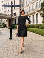 Robe midi noire évasée pour femme, manches 3/4, coupe trapèze, pour le bureau, avec poches, vente en gros d'usine, sur mesure, commande OEM
