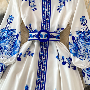 Robe maxi <span class=keywords><strong>bohème</strong></span> <span class=keywords><strong>chic</strong></span> pour femmes, imprimé floral, col montant, manches longues lanternes, fendue, ceinture, robe de soirée Vestido - Product Image 5