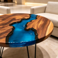Table basse en bois naturel et résine époxy, plateau bleu incrusté, pieds en métal noir type cheveux de cheval, pour salon, villa, fabriquée au Jiangxi